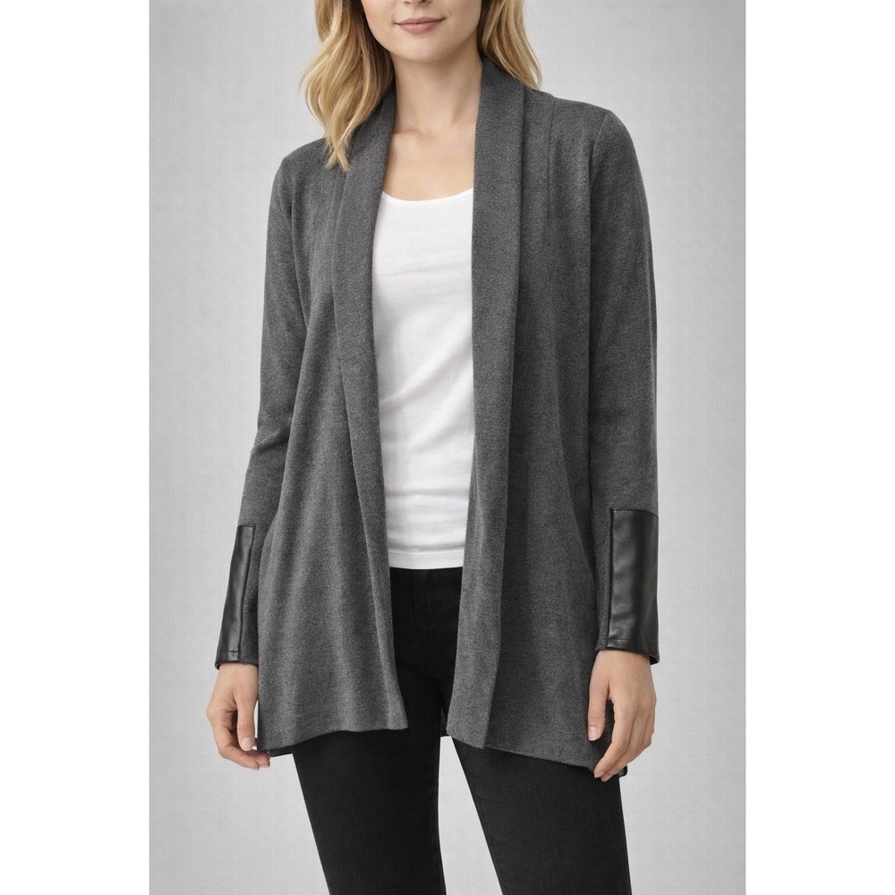 KARL LAGERFELD Paris Women Gray‎ Drape Cardigan Faux Leather Trim M